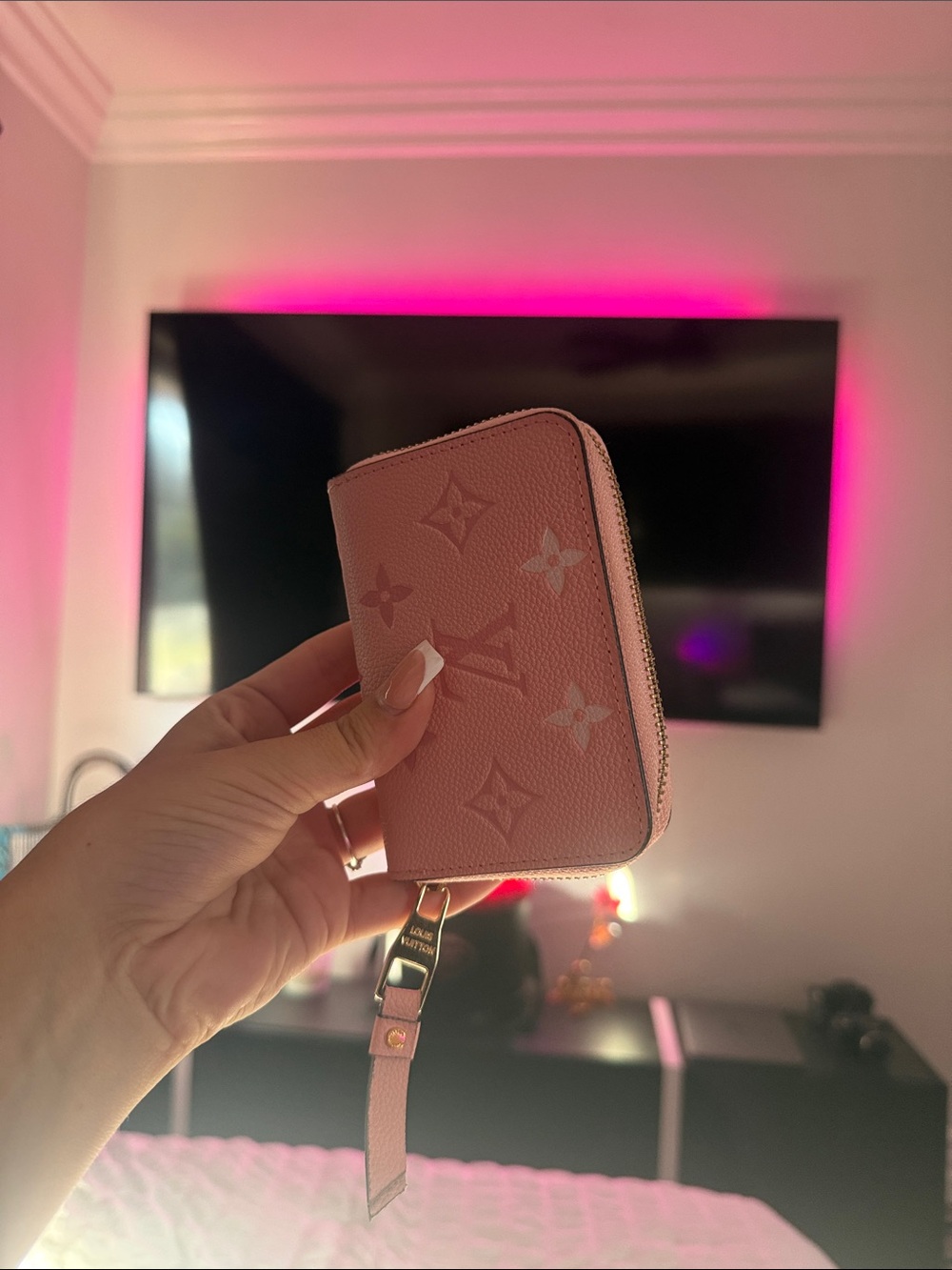 Designer-Style Pink Monogram Zip Card Wallet